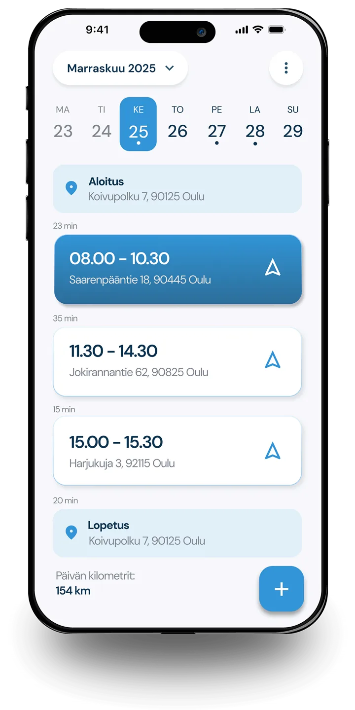 Spotmizer kalenterinäkymä ja reittisuunnittelu mobiilissa